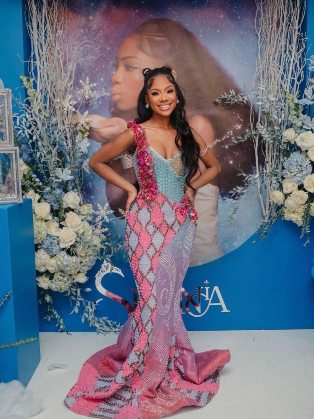 Beaded Pink & Aqua Mermaid Evening Gown